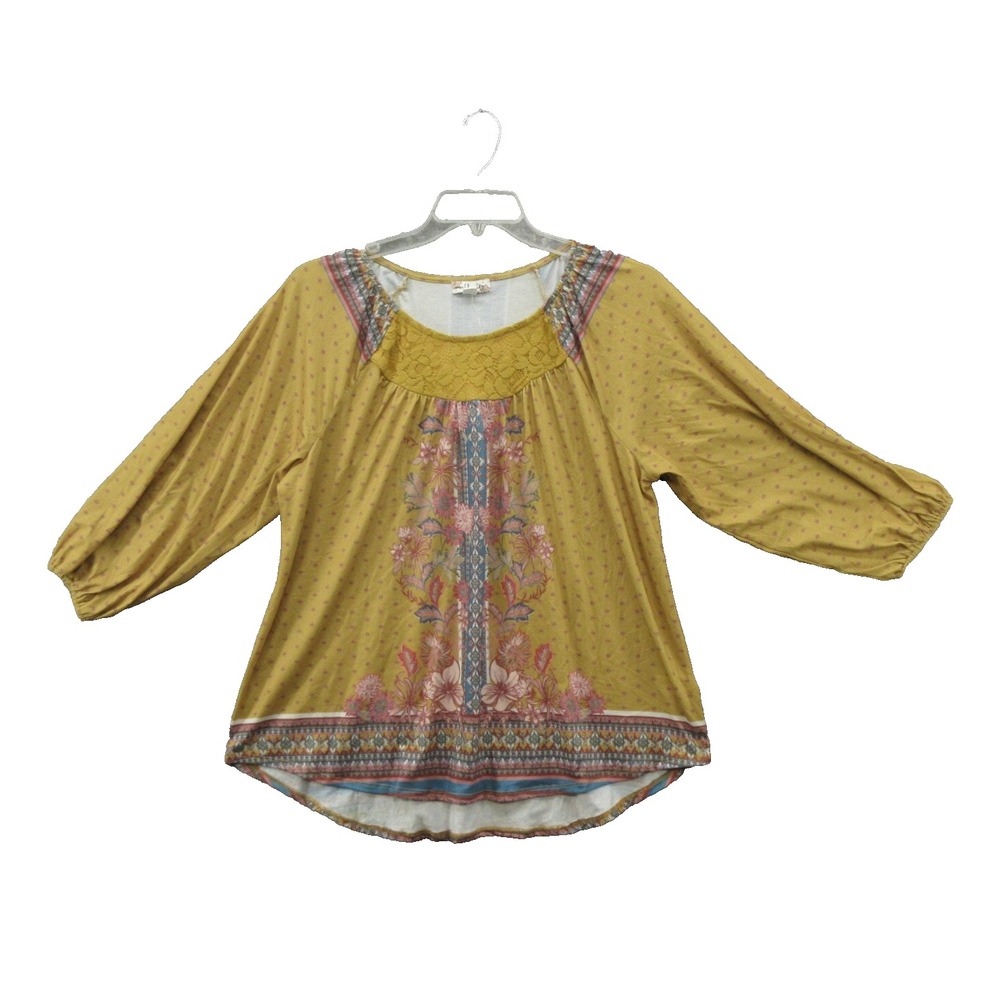 World Unity Womens Blouse Large Pullover Scoop Neck 3/4 Sleeve New
